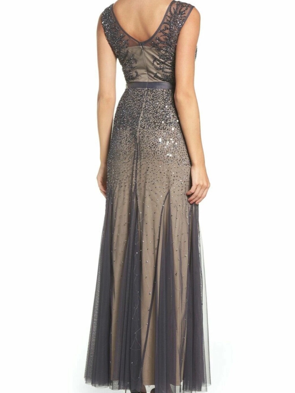 Adrianna Papell beaded mermaid mesh gown in graphite and taupe - Picture 4 of 15